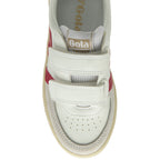 The top-down view of a white Gola sneaker with red stripes and two Velcro straps.