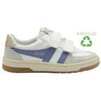A white Gola sneaker with purple stripes, a recycled logo is visible in the corner.