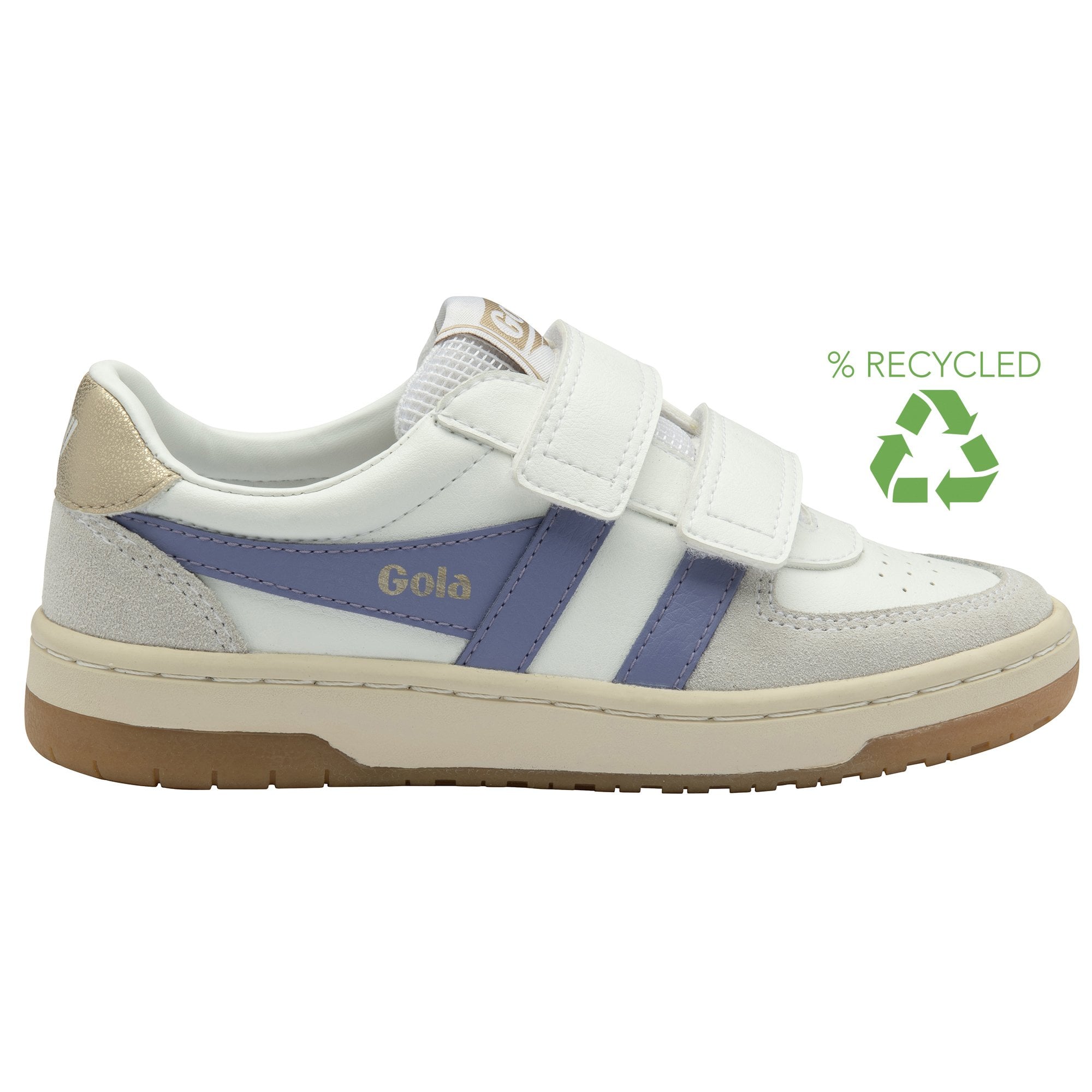 A white Gola sneaker with purple stripes, a recycled logo is visible in the corner.