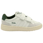 A child's white Gola sneaker with green accents and velcro straps, viewed from the side.