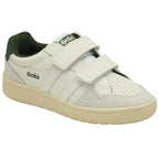 A child's white Gola sneaker with green accents and velcro straps, viewed from an angle.