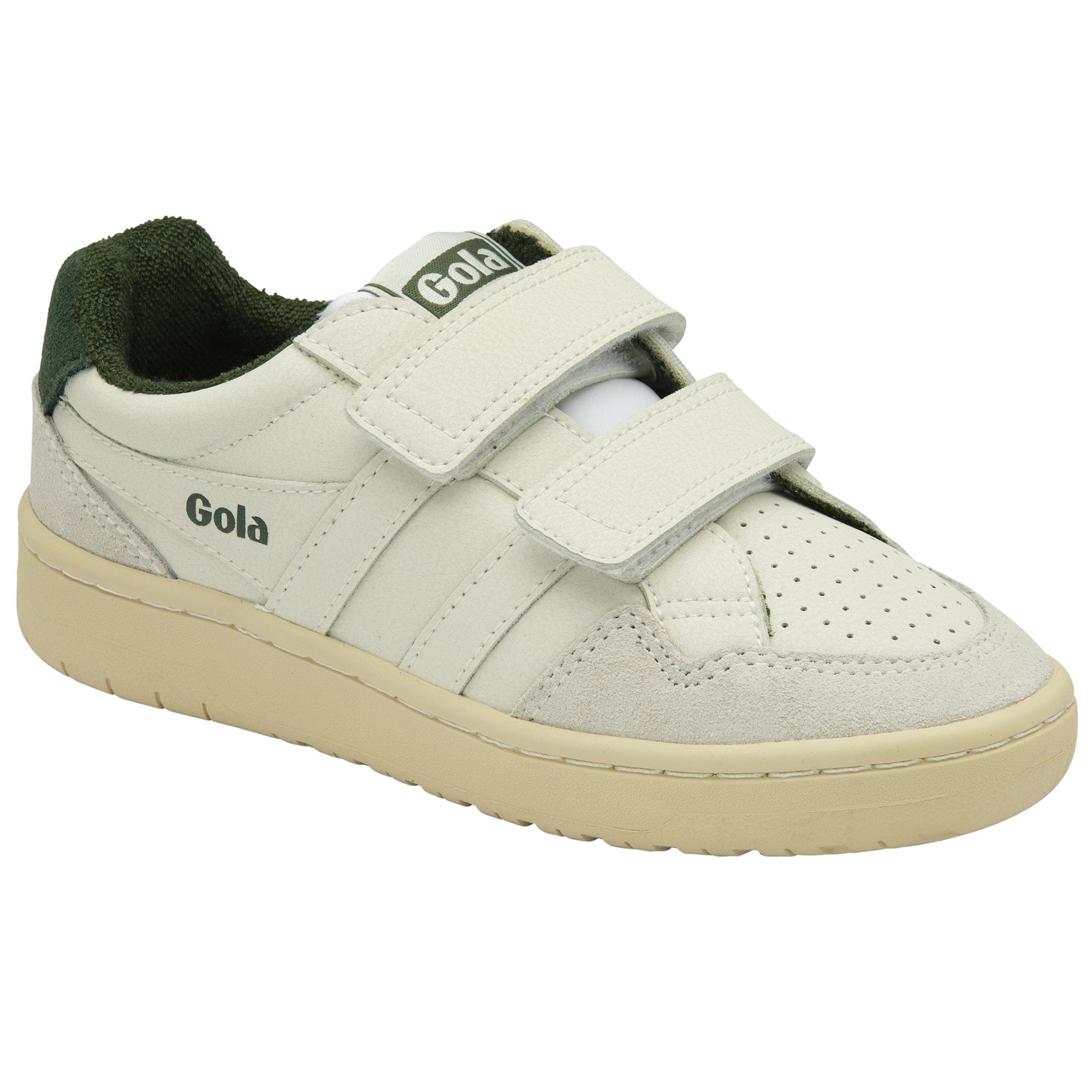 A child's white Gola sneaker with green accents and velcro straps, viewed from an angle.