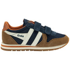 A single navy, tan, and white Gola kids' sneaker with velcro straps, viewed from the side.