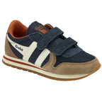 A single navy, tan, and white Gola kids' sneaker with velcro straps, angled slightly.