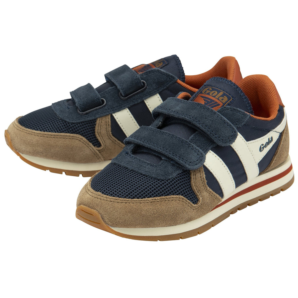 A pair of navy, tan, and white Gola kids' sneakers with velcro straps.