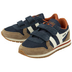 A pair of navy, tan, and white Gola kids' sneakers with velcro straps.