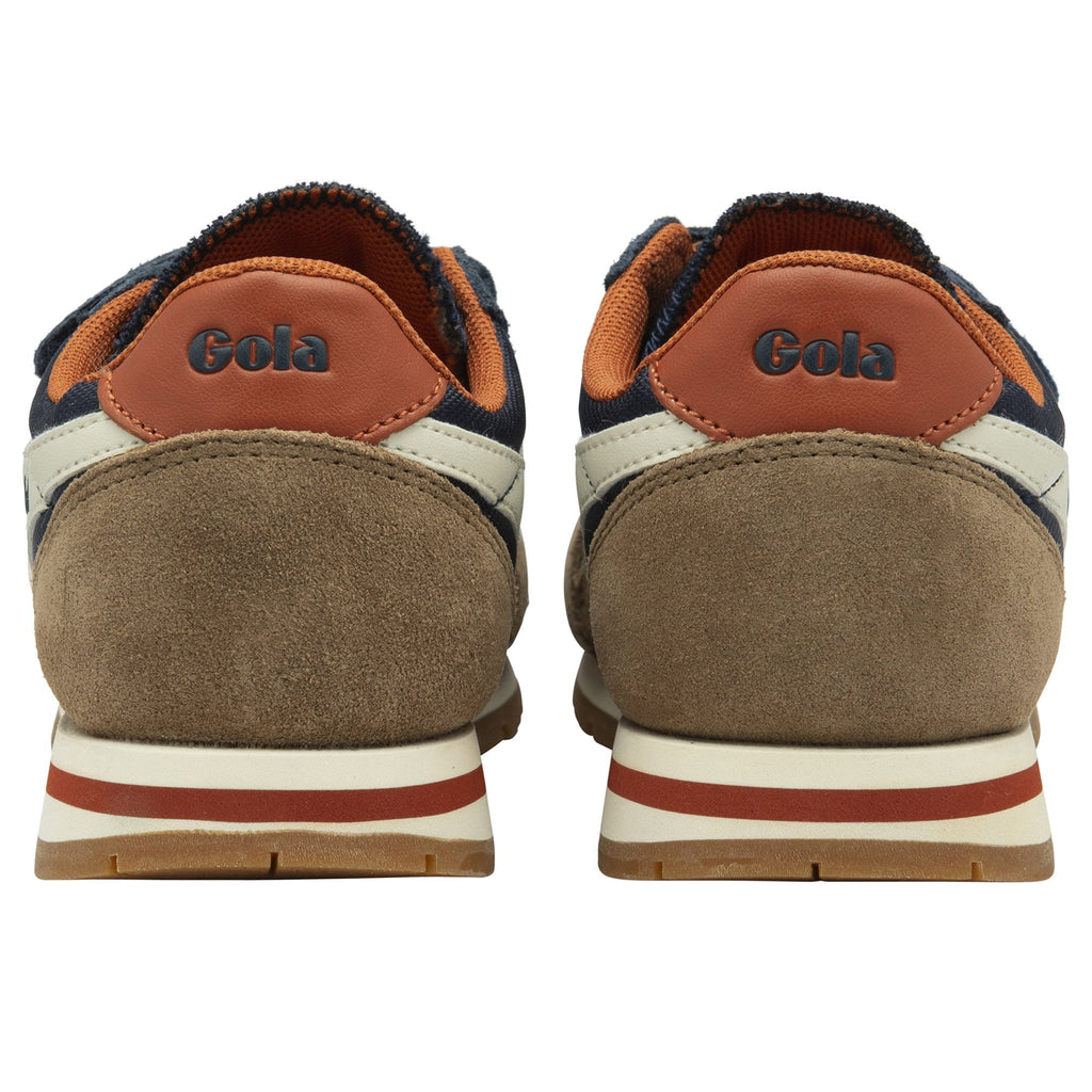 The back view of a pair of navy, tan, and white Gola kids' sneakers.