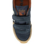 An overhead view of the toe and velcro straps of a navy, tan, and white Gola kids' sneaker.