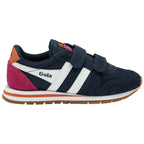 A side view of a navy blue Gola kids' sneaker with white stripes and a pink heel.