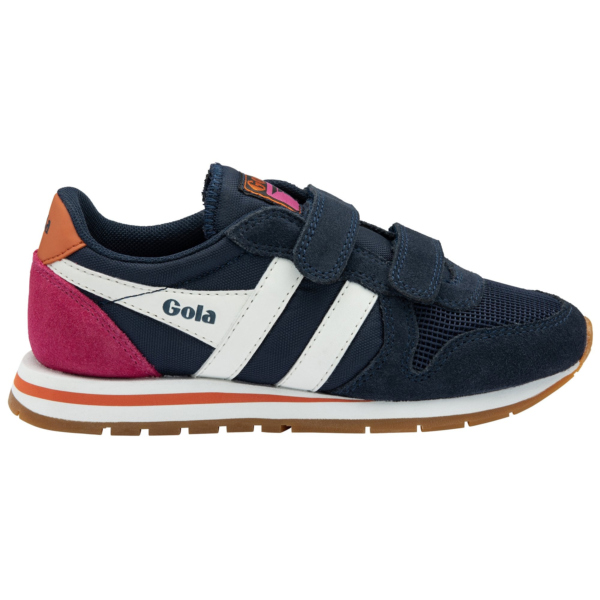 A side view of a navy blue Gola kids' sneaker with white stripes and a pink heel.