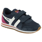 A slightly angled side view of a navy blue Gola kids' sneaker with white stripes and a pink heel.