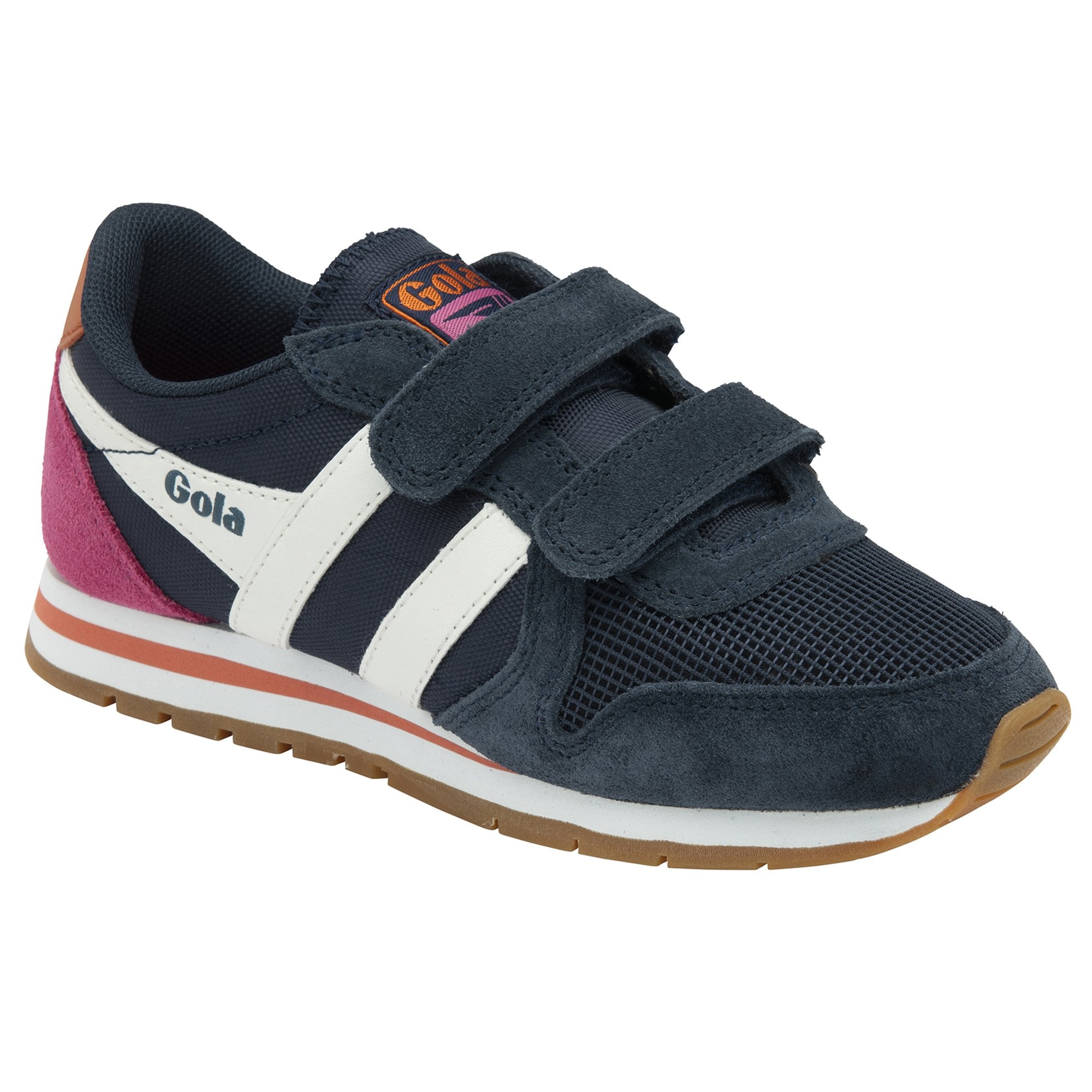 A slightly angled side view of a navy blue Gola kids' sneaker with white stripes and a pink heel.