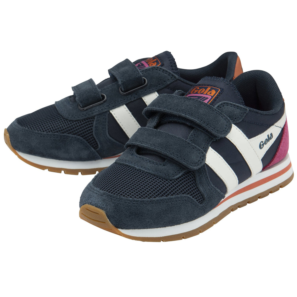 A pair of navy blue Gola kids' sneakers with white stripes and pink heels.