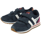 A pair of navy blue Gola kids' sneakers with white stripes and pink heels.