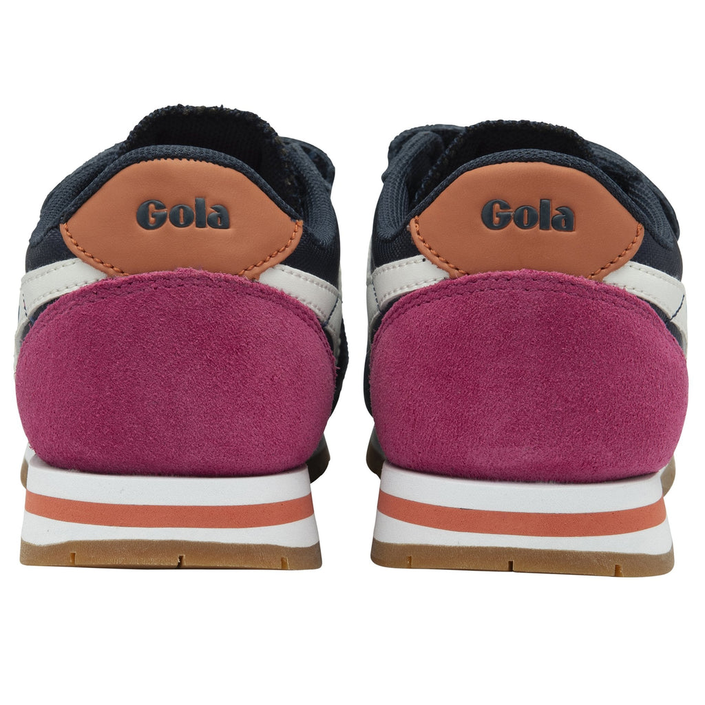 A back view of a pair of navy blue Gola kids' sneakers with pink heels.