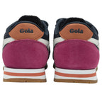 A back view of a pair of navy blue Gola kids' sneakers with pink heels.