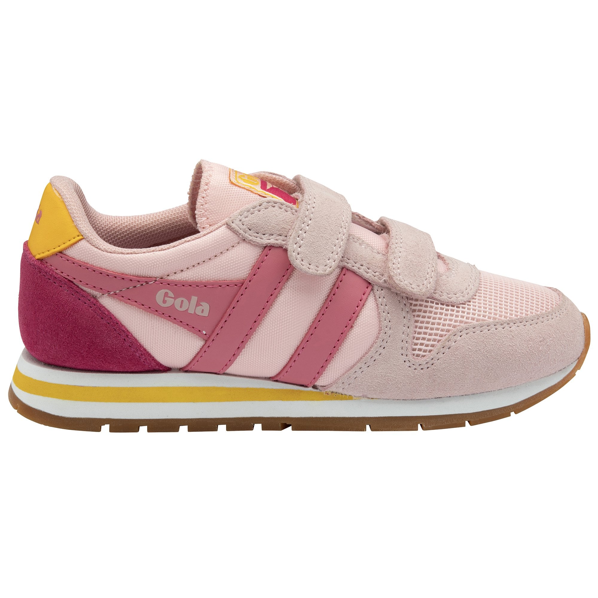 A light pink Gola kids' sneaker with fuchsia and yellow accents and two hook-and-loop straps.