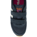 A top-down view of the toe box and Velcro straps of a navy blue Gola kids' sneaker.