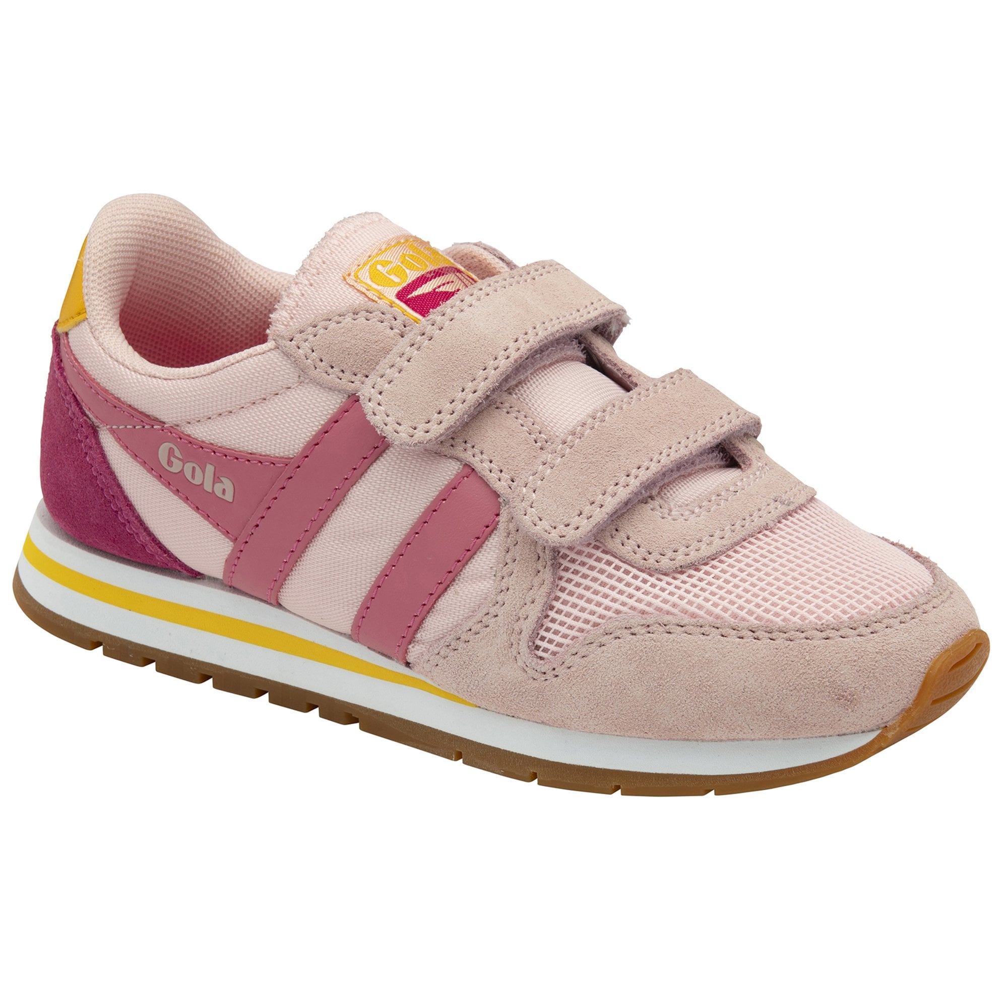 A light pink Gola kids' sneaker with fuchsia and yellow accents and two hook-and-loop straps.
