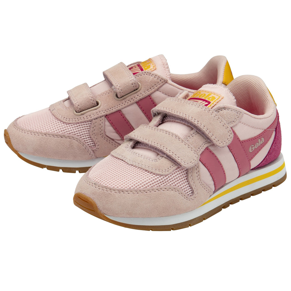 Two light pink Gola kids' sneakers with fuchsia and yellow accents and two hook-and-loop straps.
