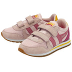 Two light pink Gola kids' sneakers with fuchsia and yellow accents and two hook-and-loop straps.