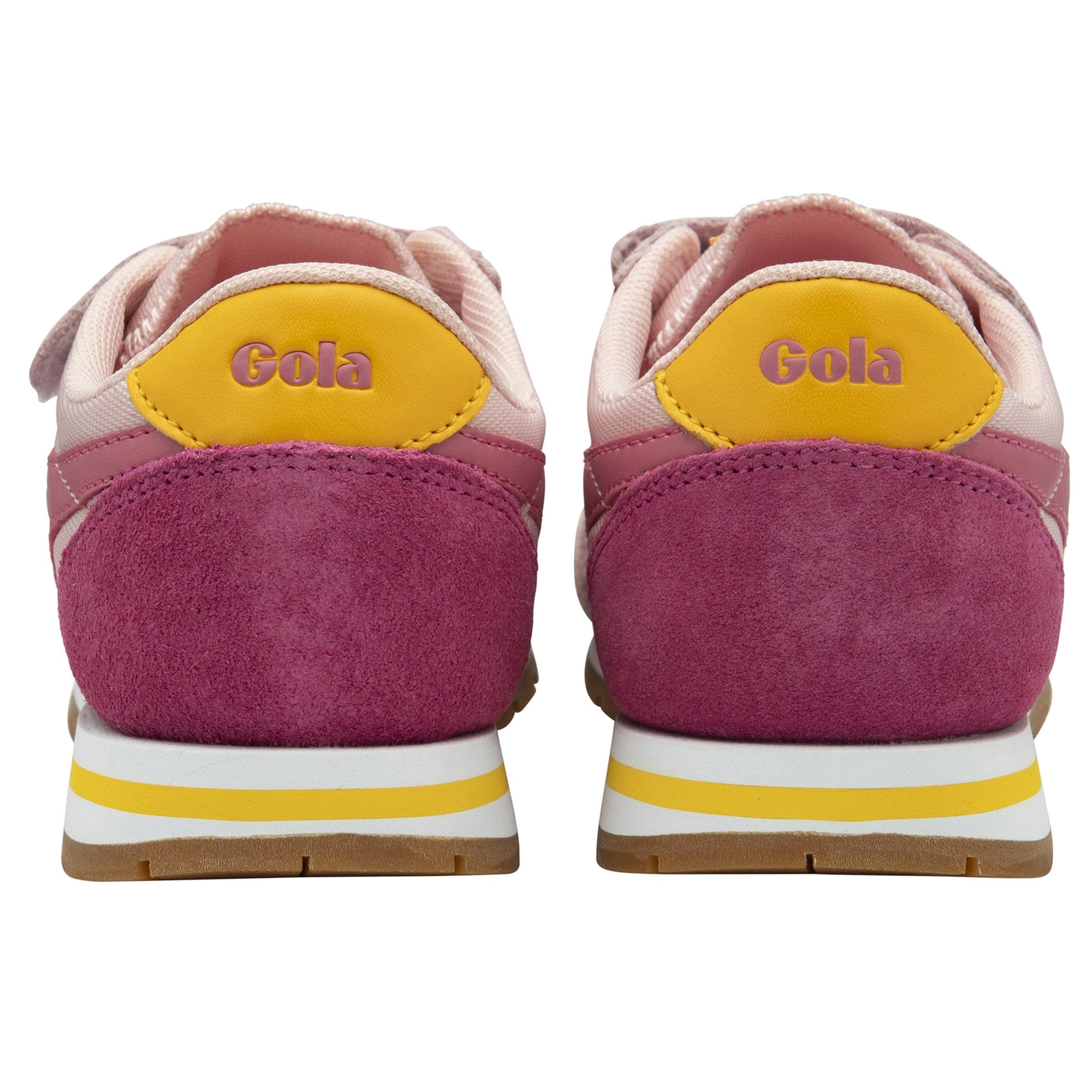 The backs of two light pink Gola kids' sneakers with fuchsia and yellow accents.