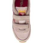 The top-down view of a light pink Gola kids' sneaker with fuchsia and yellow accents.