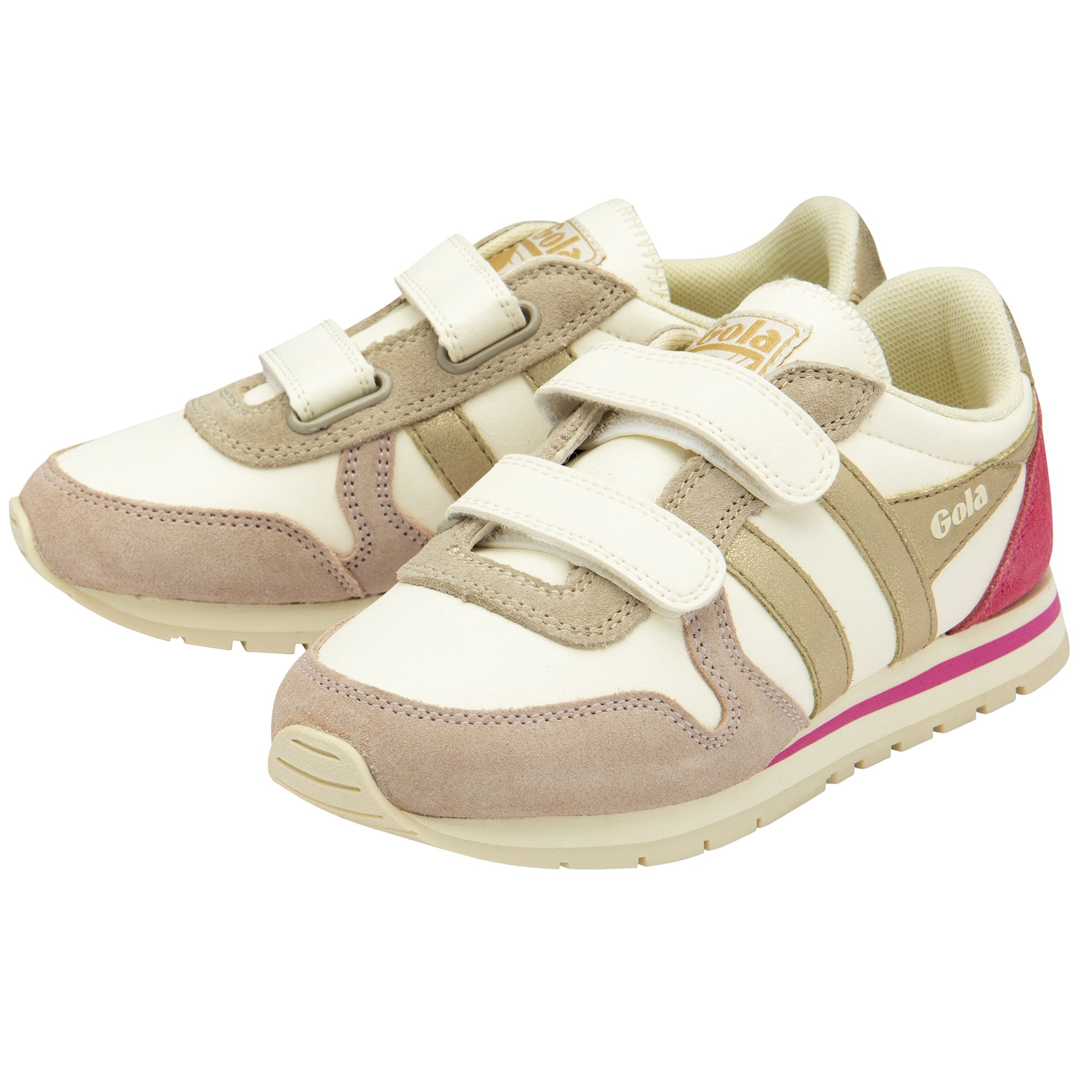A pair of Gola Active kids' trainers in pink, off-white, and gold.