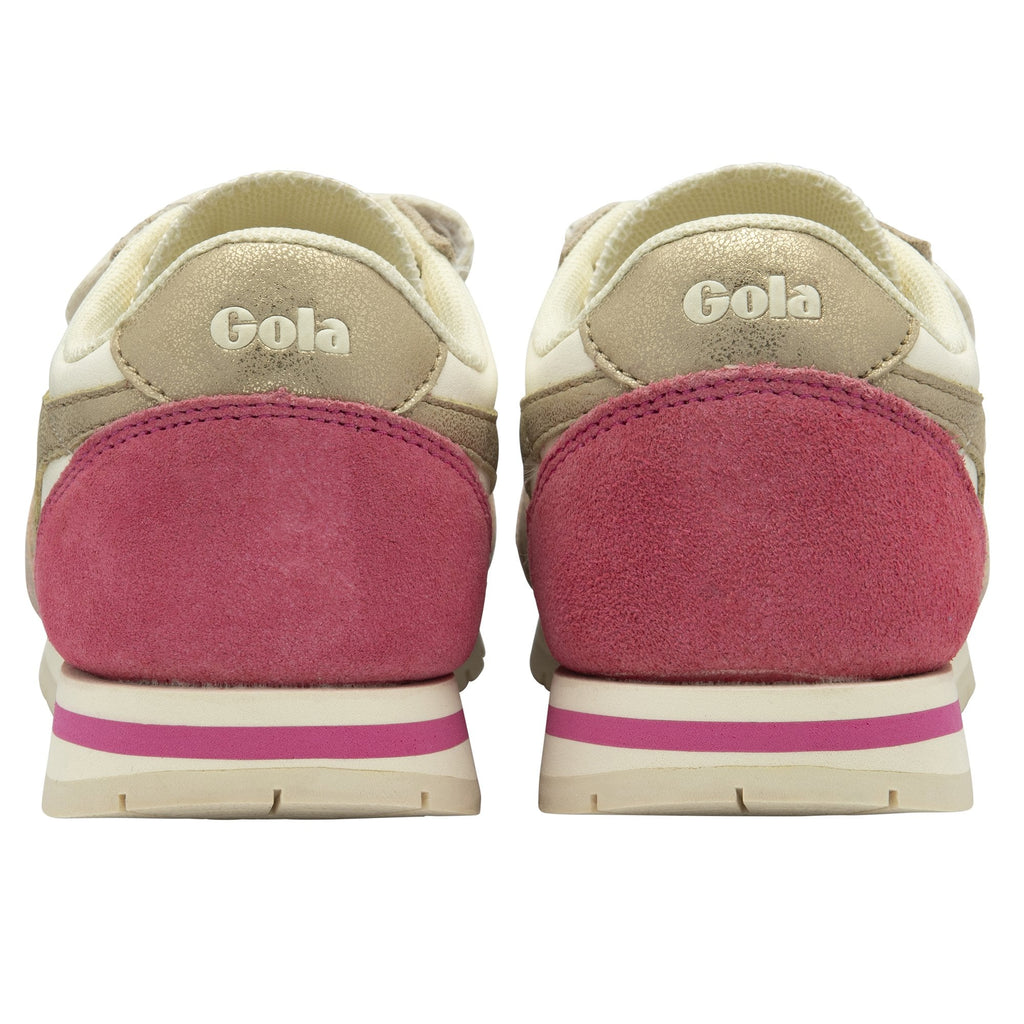 A rear view of a pair of Gola Active kids' trainers in pink, off-white, and gold.