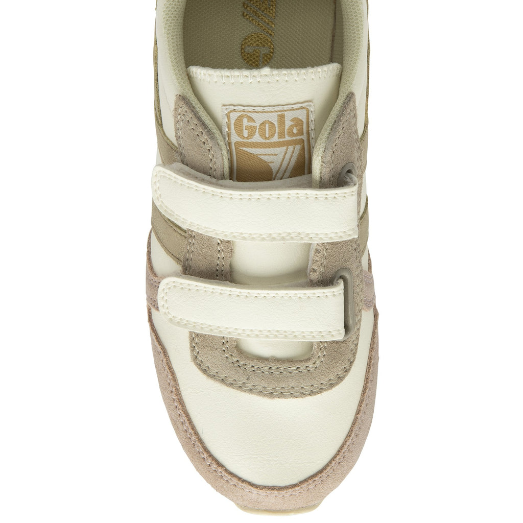 A top-down view of a Gola Active kids' trainer in off-white and gold.
