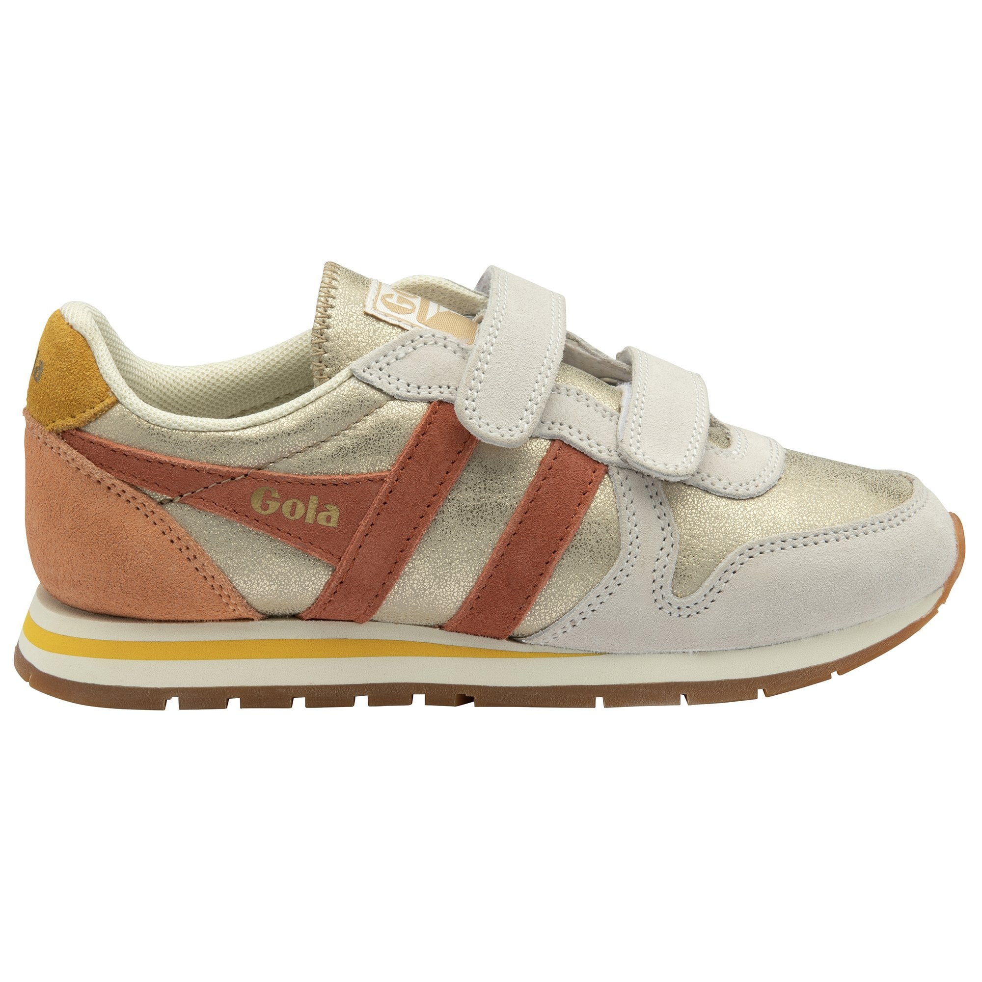 A close-up shot of the right Gola Kids Gold Velcro trainer, angled to the left.