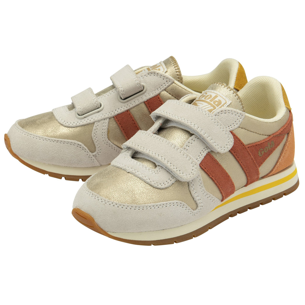 A pair of Gola Kids Gold Velcro trainers are angled towards the left.