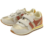 A pair of Gola Kids Gold Velcro trainers are angled towards the left.