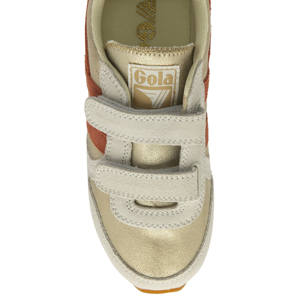 A top-down shot of the right Gola Kids Gold Velcro trainer.