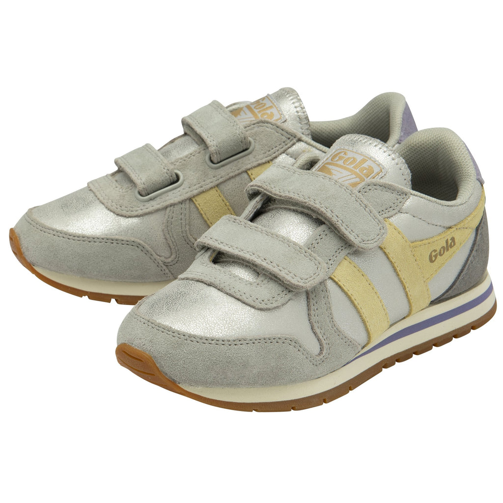 A pair of Gola Kids Active velcro trainers with beige and silver accents.