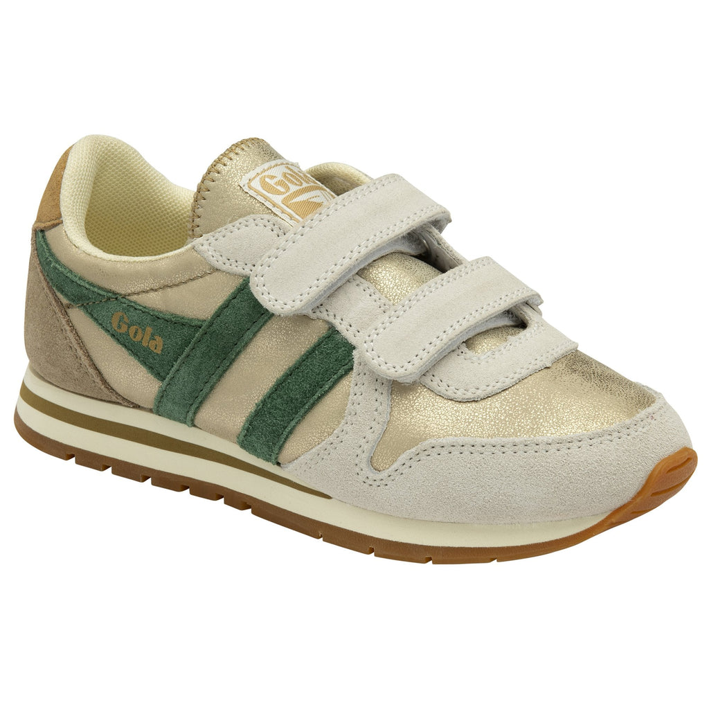A single Gola kids' trainer in gold and green, angled to show the side and front.
