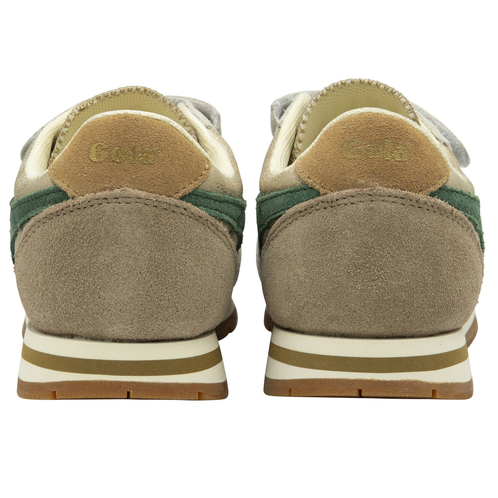 The back view of a pair of Gola kids' trainers in gold and green.