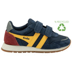 A recycled symbol next to the navy, yellow, and red Gola boys' trainer with hook-and-loop straps.