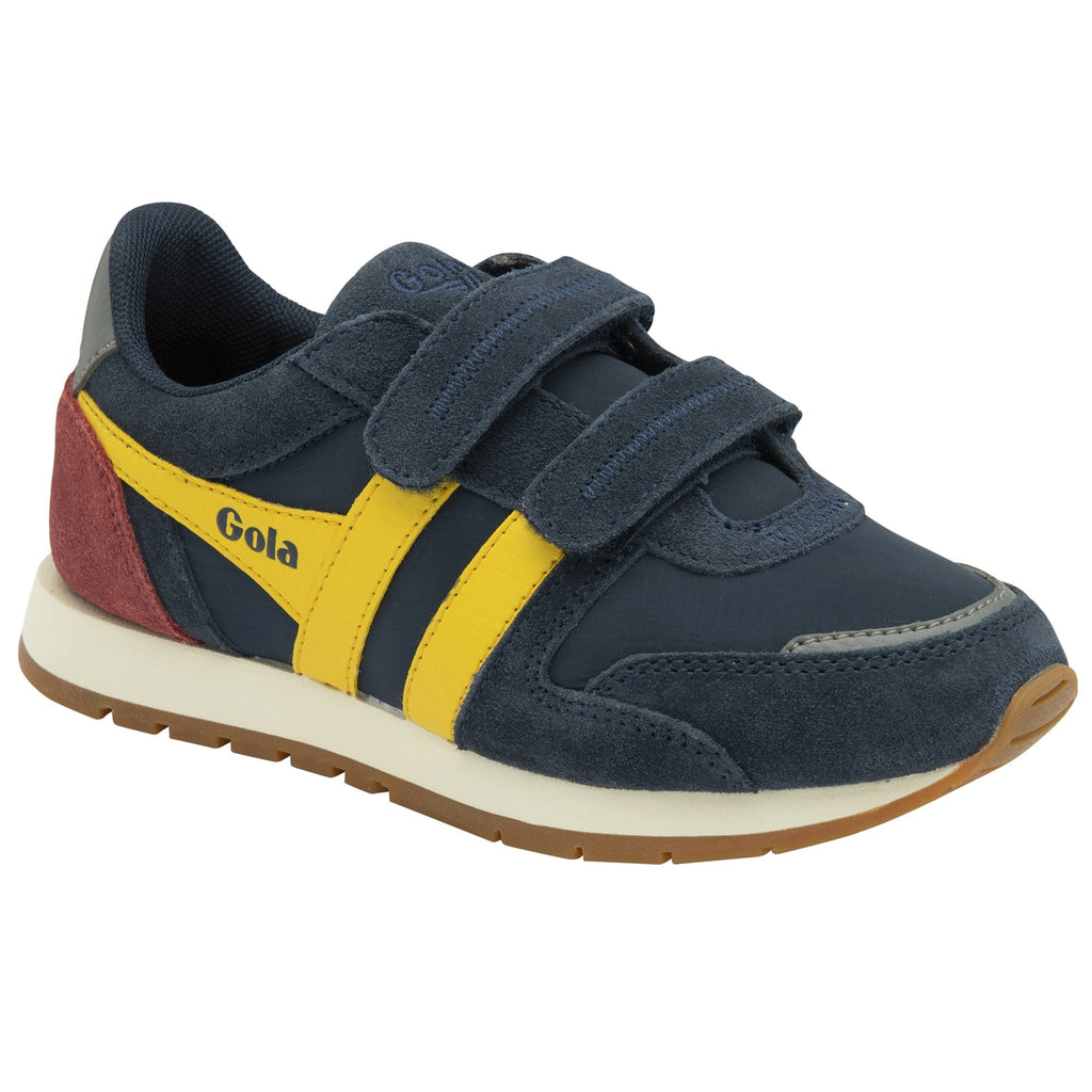 A navy, yellow, and red Gola boys' trainer with hook-and-loop straps.