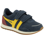 A navy, yellow, and red Gola boys' trainer with hook-and-loop straps.