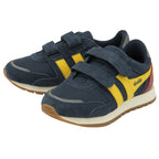 Two navy, yellow, and red Gola boys' trainers with hook-and-loop straps.