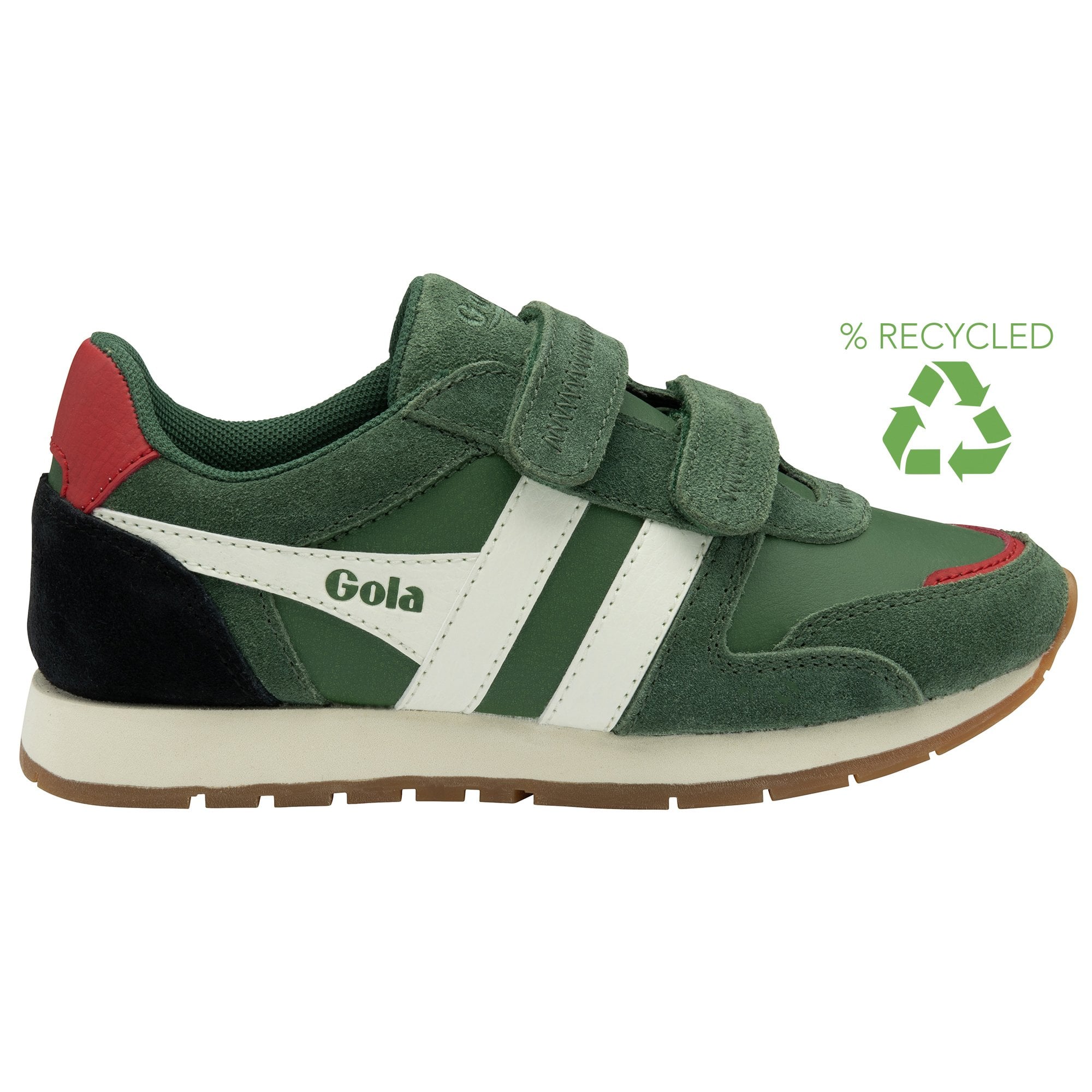 A recycled symbol next to a green Gola sneaker with white stripes and red and black accents.