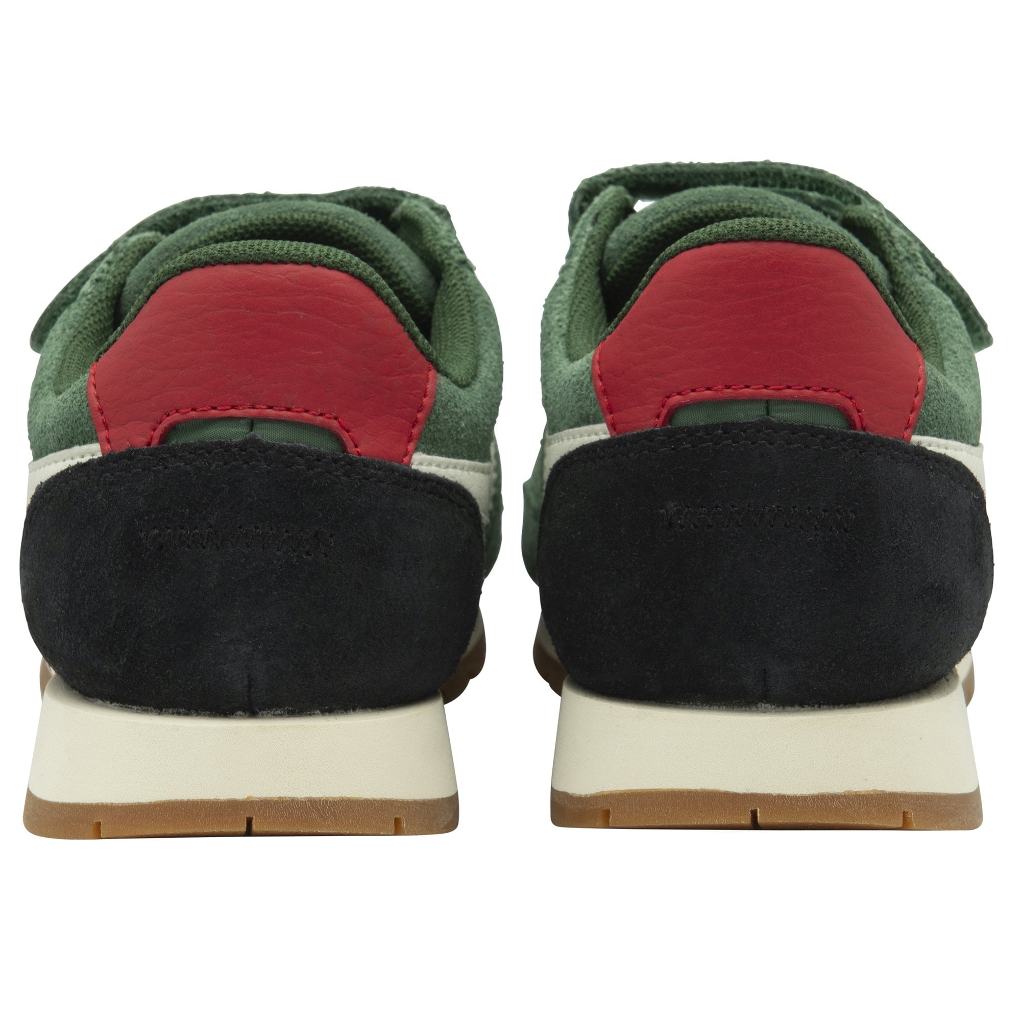 Rear view of a pair of green Gola sneakers with black and red heel accents.