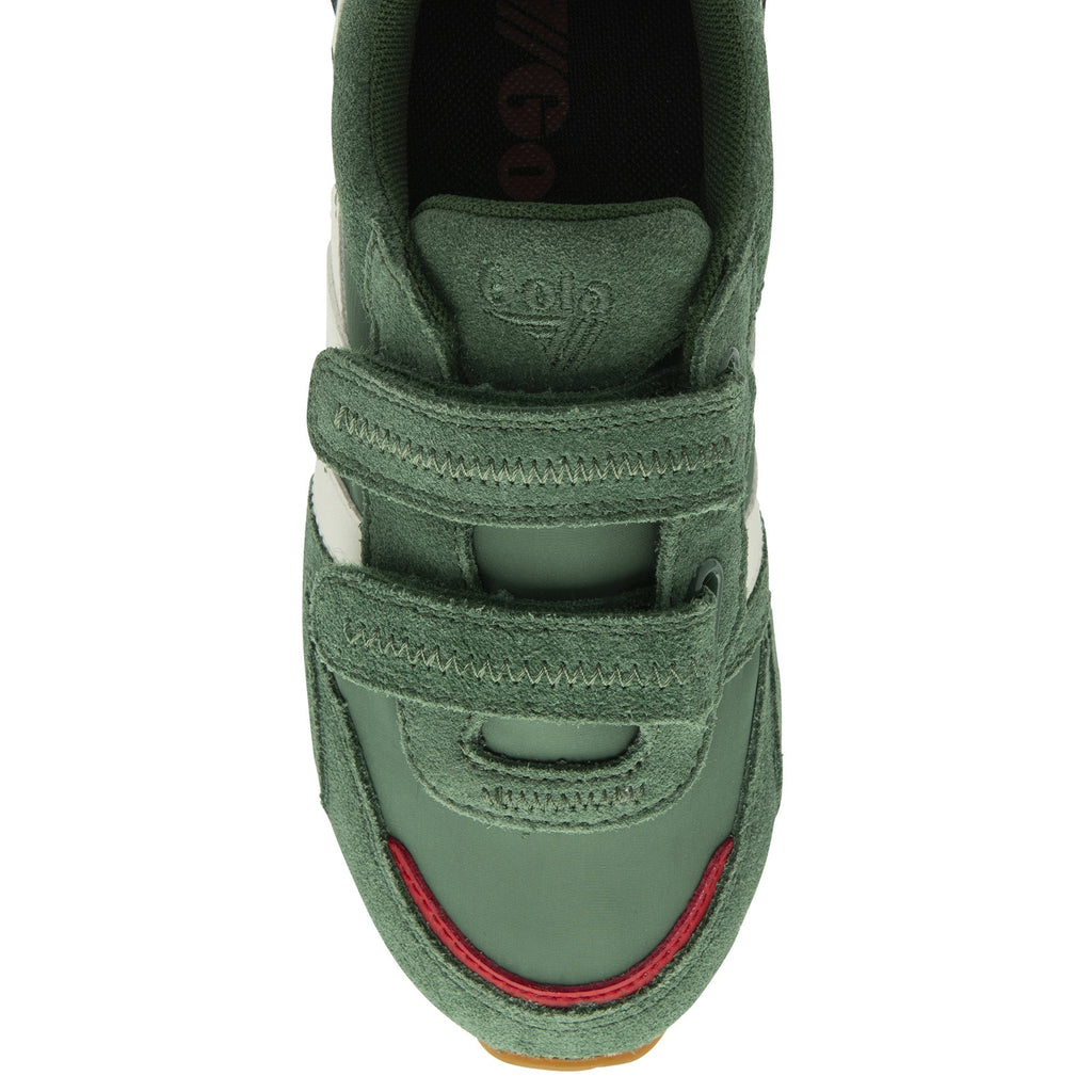 Top-down view of a green Gola sneaker with white stripes and red toe trim.