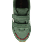 Top-down view of a green Gola sneaker with white stripes and red toe trim.