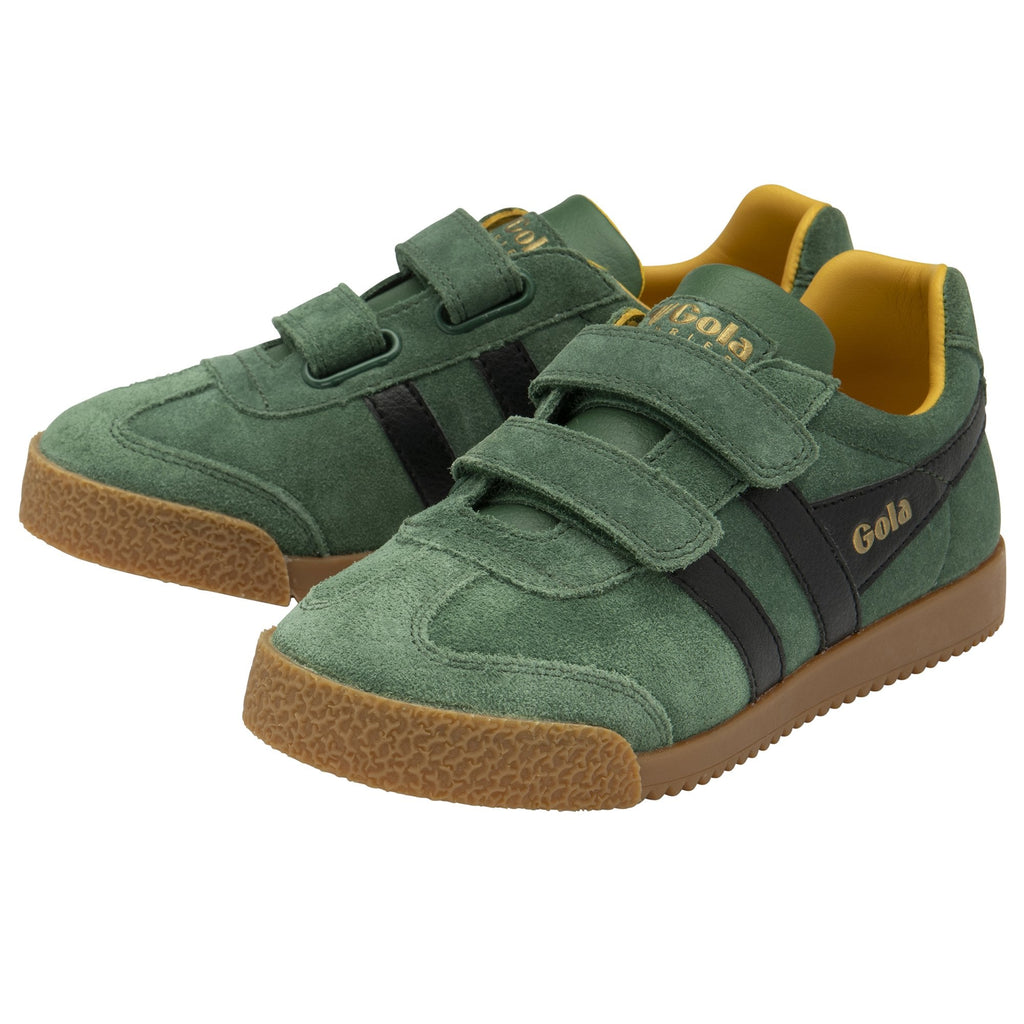 A pair of Gola Kids' Harrier Strap in green and black.