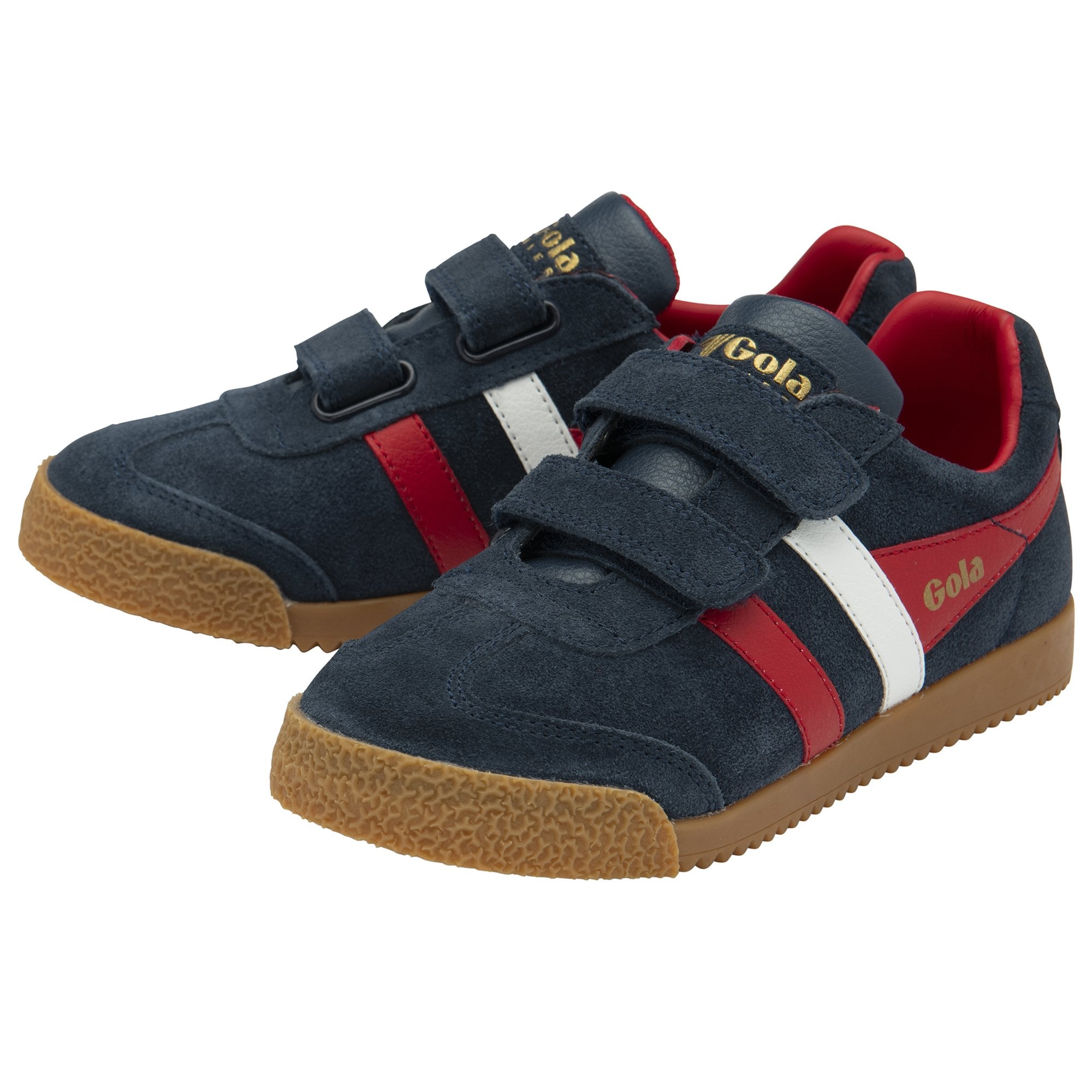 A pair of Gola Harrier Strap shoes in navy with red and white stripes.