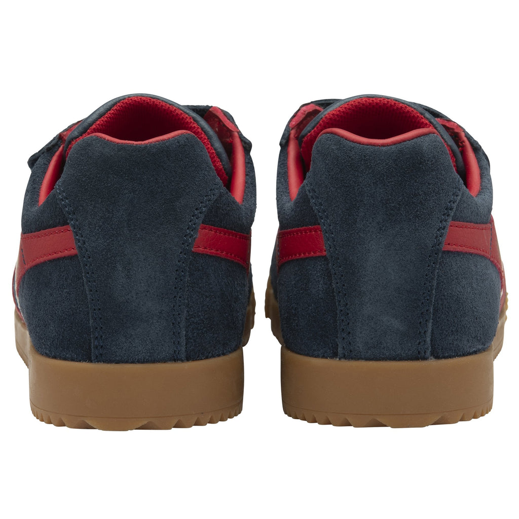 The back view of a pair of Gola Harrier Strap shoes showing the red heel tab.
