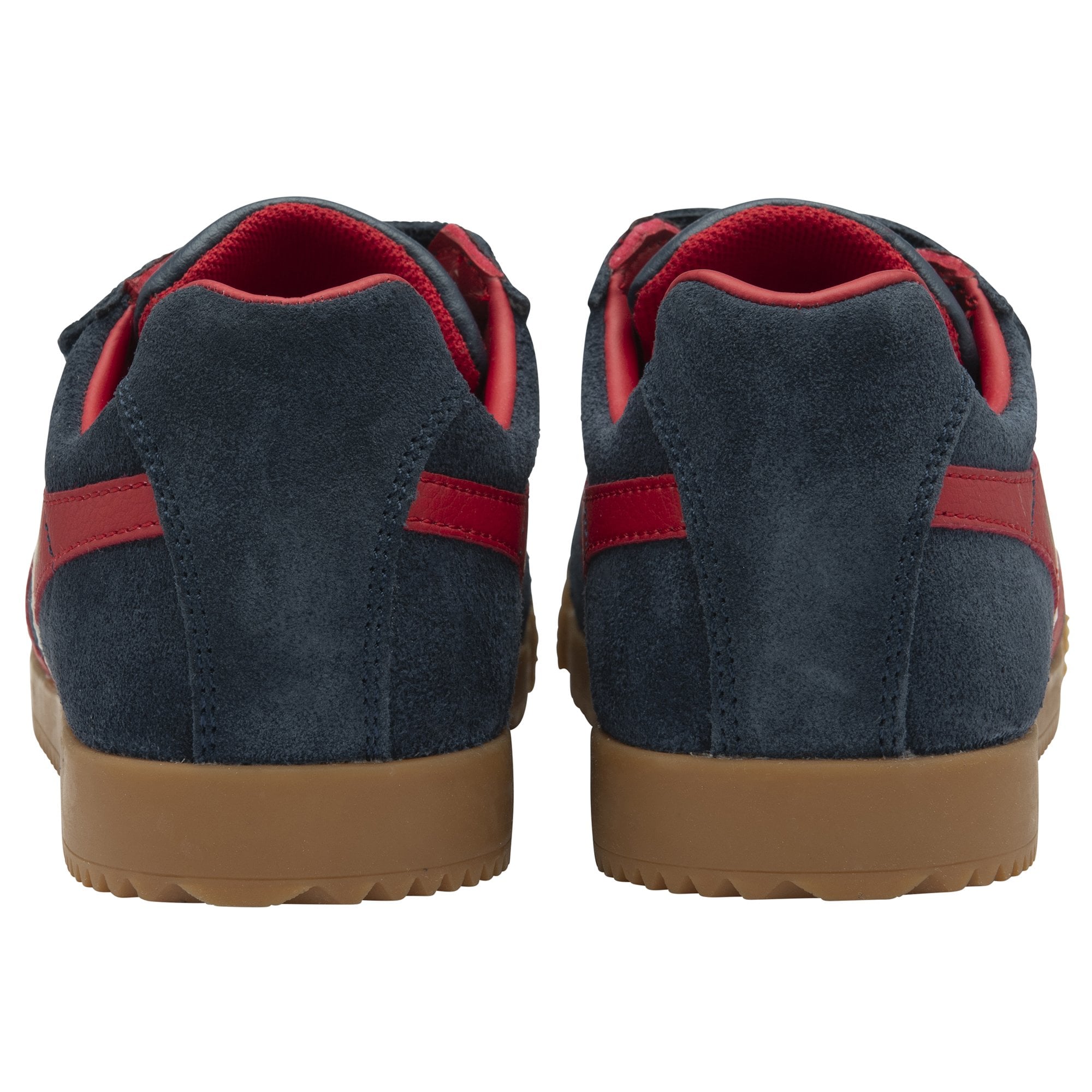 The back view of a pair of Gola Harrier Strap shoes showing the red heel tab.