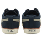 The backs of two blue Gola men's sneakers, with two cream stripes on the sides, on a white background.